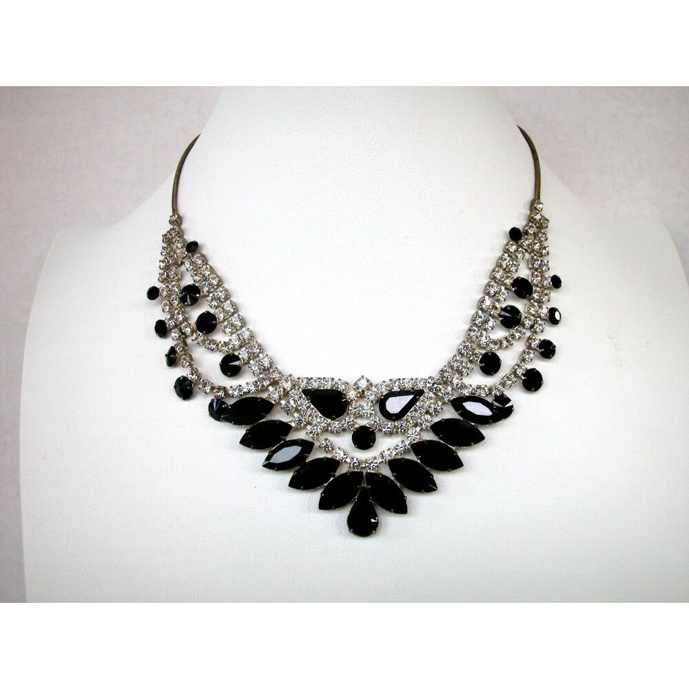Vintage Rhinestone & Black Crystal Statement Necklace